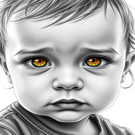 A hyperdetailed photorealistic black and white sketch of a beautiful toddler with deep Yellow eyes, with a macro focus
