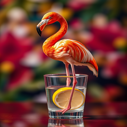 A colorful flamingo standing in a glass filled with water and lemon slices, vibrant background with bokeh effect, bright lighting, shot with a DSLR camera, 50mm lens, f/1.8 aperture, ISO 100, 1/200 sec shutter speed.