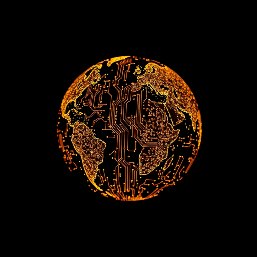 Create an image of a glowing globe made of circuit patterns against a dark background, shot with a 50mm lens, f/1.8 aperture, ISO 100, at a low angle with soft lighting in a DSLR style.