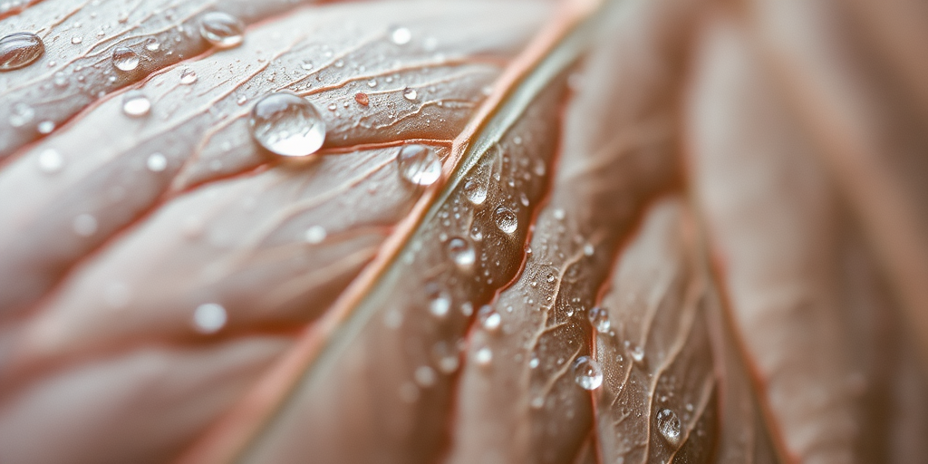 Capture a close-up of a dewy leaf with intricate textures, soft focus, natural light, aperture f/2.8, shutter speed 1/125s, ISO 200, with a vintage film camera effect and a dreamy pastel color palette.