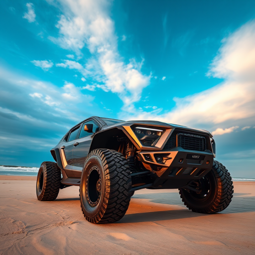 photograph a futuristic all-terrain vehicle on a beach with a dramatic sky, captured using a DSLR camera, 24mm lens, f/8 aperture, ISO 100, in natural light to enhance color vibrancy and sharpness, ensure a low angle view to emphasize the vehicle's details and size