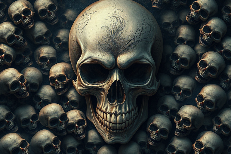 Create a highly detailed digital painting of a central skull surrounded by small, eerie skulls, emphasizing intricate swirling patterns and dark, moody colors, using a Canon EOS R5, 50mm lens, f/1.8, ISO 100, with soft lighting to enhance texture and depth.