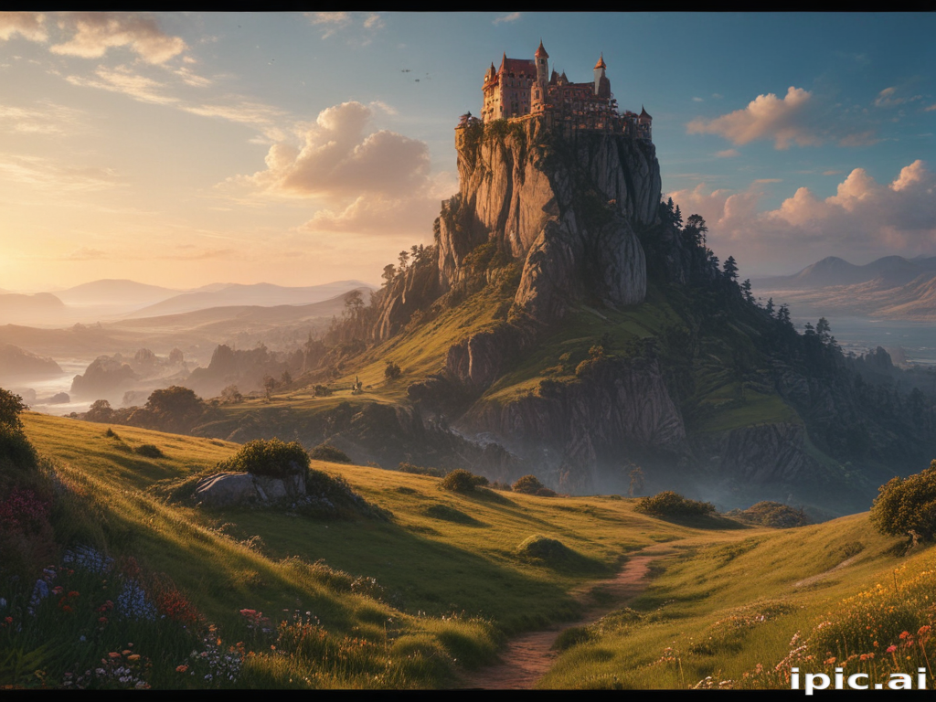 Majestic Castle Perched on a Rocky Cliff Overlooking Lush Green Valleys