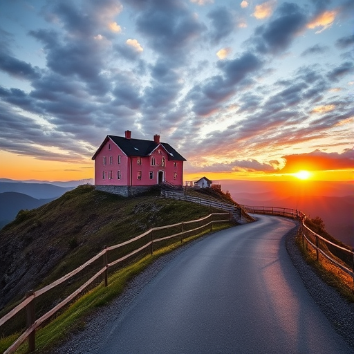 image of a pink two-story house on a mountain with a winding road leading up, dramatic clouds in the sky during sunset, shot with a Canon EOS 5D Mark IV, 24mm lens, aperture f/8, ISO 100, at golden hour, landscape orientation, high dynamic range.
