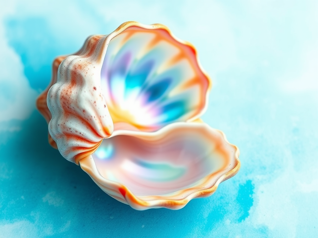 Create a high-resolution watercolor illustration of an open seashell with iridescent colors, set against a soft blue-green abstract background, captured with a Canon EOS R5 at f/8, 1/125s, ISO 100, using a macro lens for fine detail and a natural light setting to enhance the colors.