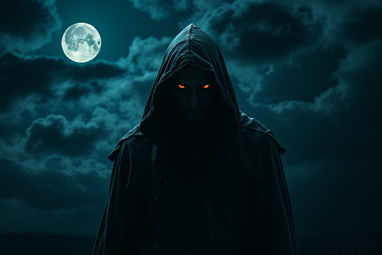 Create a dark fantasy image of a sinister figure with glowing eyes, wearing a tattered hooded cloak, standing in a stormy night setting with dramatic clouds and a full moon, shot with a Canon EOS R5, 50mm lens, f/1.8 aperture, ISO 100, at night for sharp contrast and deep shadows.