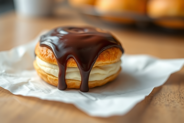 Close-up shot of a chocolate-covered pastry with a creamy filling on a white paper napkin, natural soft lighting, shallow depth of field, shot with a DSLR camera at f/2.8, 50mm lens, ISO 100, with a slight overexposure for a bright look.