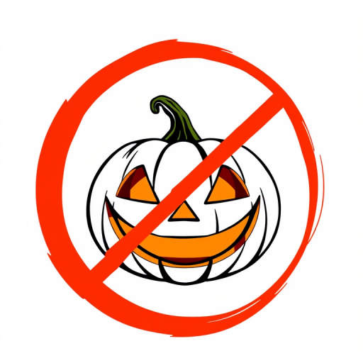 Create an illustration of a jack-o'-lantern crossed out by a bold red circle, use a high-resolution setting with a 50mm lens, f/2.8 aperture, ISO 100, soft lighting, and a clean white background for enhanced quality.
