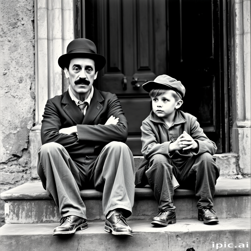 A black-and-white photograph of a man and a child sitting on steps in front of a doorway. The man is dressed as a tramp with a bowler hat, mustache, and ragged clothes, reminiscent of Charlie Chaplin's iconic look. He is sitting with his arms crossed and an expression of slight sadness or frustration. Next to him is a young boy, also in worn clothes and a cap, sitting with his hands clasped, looking thoughtful. The background is an old, textured wall and a partially open door, creating a vintage, early 20th-century atmosphere.