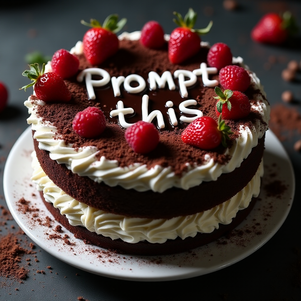 black forest gateau cake, spelling out the words "PROMPT THIS", tasty, food photography, dynamic shot