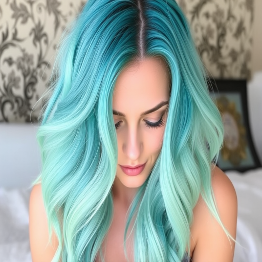 Effervescent turquoise-haired mermaid showcasing beach waves with subtle ombré effect, transitioning to seafoam green tips