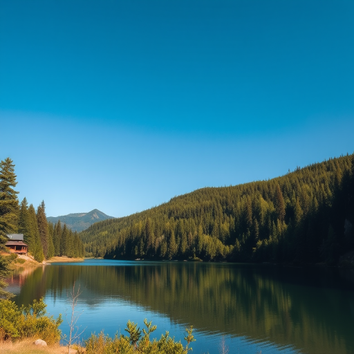 Create a high-resolution image of a serene landscape featuring a tranquil lake surrounded by lush green forests under a clear blue sky, captured with a Canon EOS R5, 24-70mm f/2.8 lens, settings at f/11, ISO 100, shutter speed 1/125s, wide-angle view for an expansive perspective.
