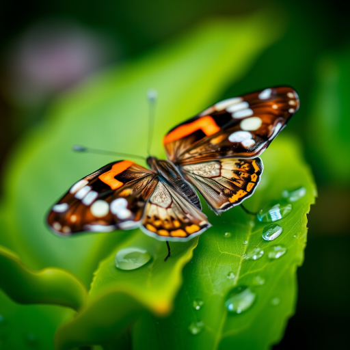 close-up of a butterfly resting on green leaves with water droplets, shallow depth of field, ISO 200, f/2.8, 1/200s, 50mm lens, macro photography using a DSLR camera