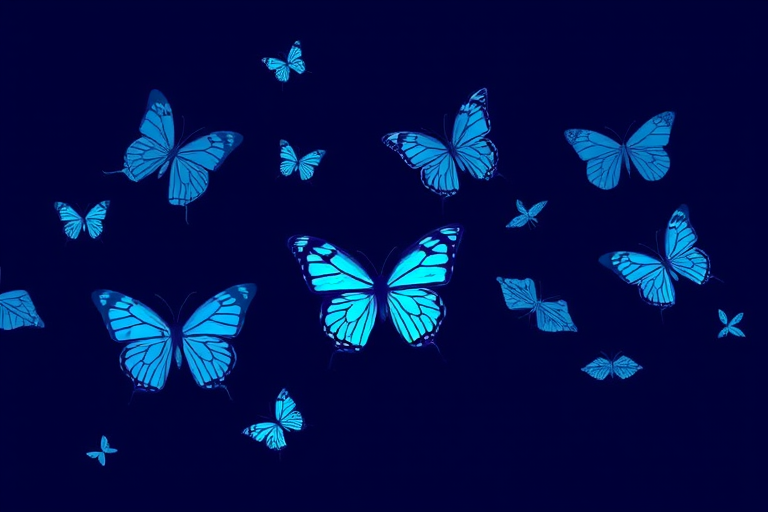 Generate an illustration of various butterfly silhouettes with intricate patterns in shades of blue against a deep blue background, captured with a 50mm lens at f/2.8, focusing on high detail and vibrant color contrast, using a DSLR camera for enhanced clarity and depth.