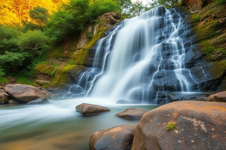capture a serene waterfall cascading over rocks in a lush green setting with a slow shutter speed of 2 seconds, aperture set to f/11 for depth of field, ISO 100 for clarity, wide-angle lens to include the surrounding nature, shot at golden hour for soft lighting, using a DSLR camera for high resolution