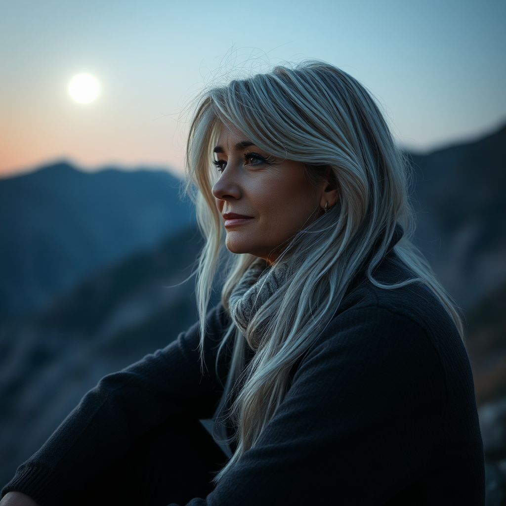 Create a portrait of a contemplative woman with silver hair sitting by a mountain landscape under a full moon, captured with a Canon EOS R5, ISO 200, f/1.8, 50mm lens, with soft focus and dramatic lighting to enhance the emotions and details.