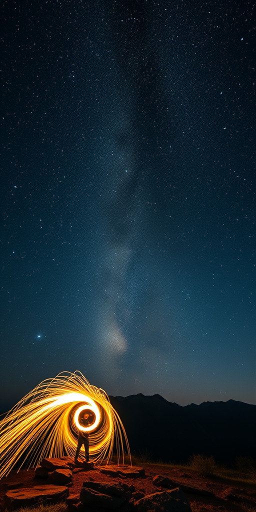 Capture a night sky scene with the Milky Way over a mountain landscape, featuring a person spinning steel wool to create glowing trails, using a Canon EOS R6, 24mm f/1.4 lens, ISO 3200, 15 seconds exposure, tripod mounted, wide-angle view to enhance depth and clarity.
