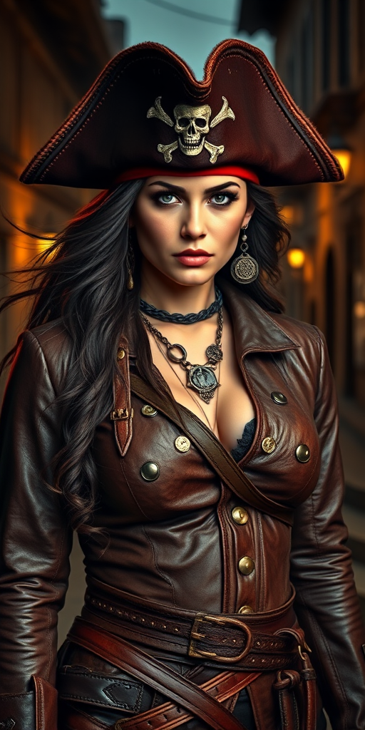 Create a portrait of a fierce female pirate. She wears a leather tricorn hat adorned with a skull and crossbones emblem, and her long, dark hair flows around her face. Her outfit consists of a richly detailed leather jacket, a corset, and multiple layers of belts and accessories, giving her a formidable and stylish appearance. She stands confidently in a dimly lit, historic port town, with a backdrop of weathered buildings and cobblestone streets, capturing the adventurous spirit of a pirate.