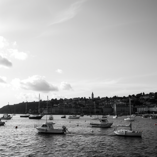 regenerate the image of a coastal town with boats in the water under a cloudy sky, taken with a DSLR camera, 50mm lens, aperture f/8, ISO 200, shot from a mid-range perspective to enhance detail and contrast in black and white.