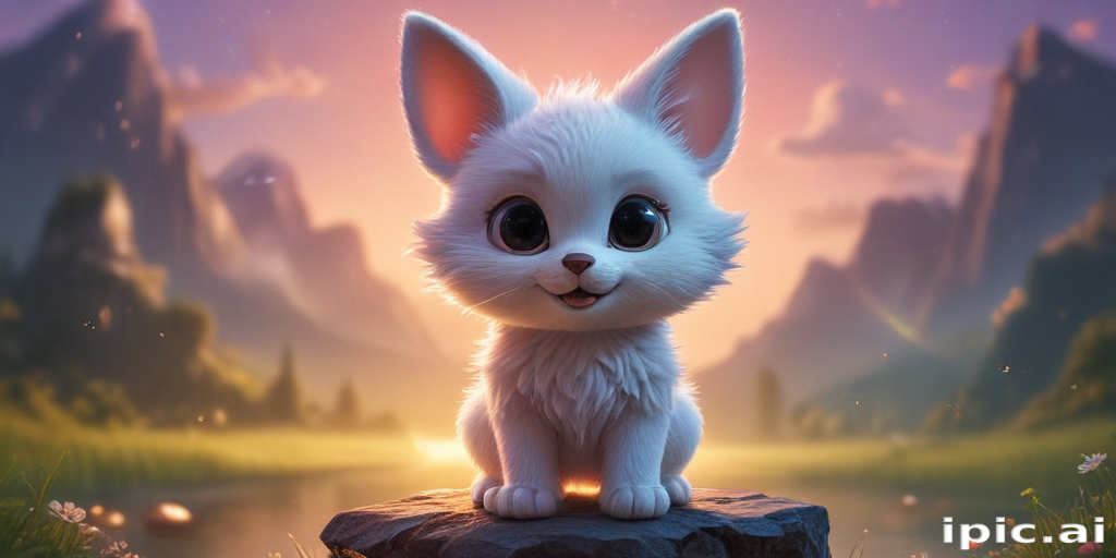 A Cute, Fluffy White Kitten Sitting on a Rock at Sunset.