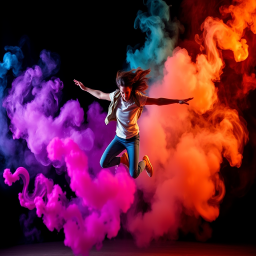 High-energy dancer mid-air with colorful smoke trails, ISO 100, f/2.8, 1/250s, shot with a DSLR camera, 35mm lens, portrait mode, vibrant colors, dramatic lighting.