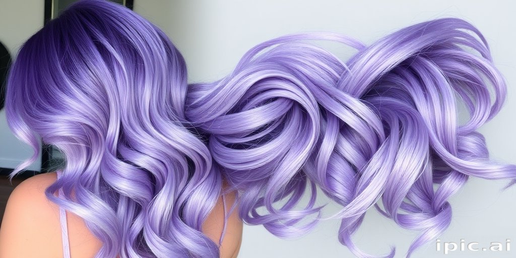 Multidimensional lavender and silver ombre hair named "Twilight Mist," flows in graceful mermaid waves from roots to tips, blending seamlessly from a deep purple crown to shimmering silver ends, creating a magical and ethereal effect that captivates the imagination