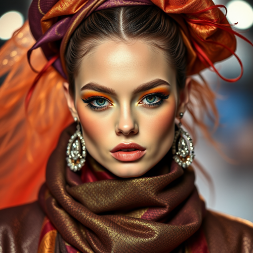 Runway capture, a beautiful model, vibrant colors, metallic textures, high fashion editorial , a 100mm macro lens to get extreme close-ups of intricate details like fabric stitching, accessories, or makeup artistry