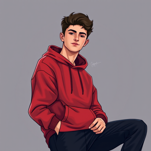 Generate a digital illustration of a young man casually leaning with one leg crossed over the other, wearing a red hoodie and black pants, shot in soft lighting with a shallow depth of field, using a Canon EOS R5 with a 50mm f/1.2 lens, at ISO 100, f/1.2, and 1/200s for enhanced clarity and detail.