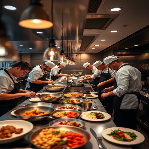 Photo of a busy restaurant kitchen with chefs in white uniforms preparing gourmet dishes, shallow depth of field, 35mm lens, f/2.8 aperture, ISO 400, soft ambient lighting, top-down view, DSLR camera.
