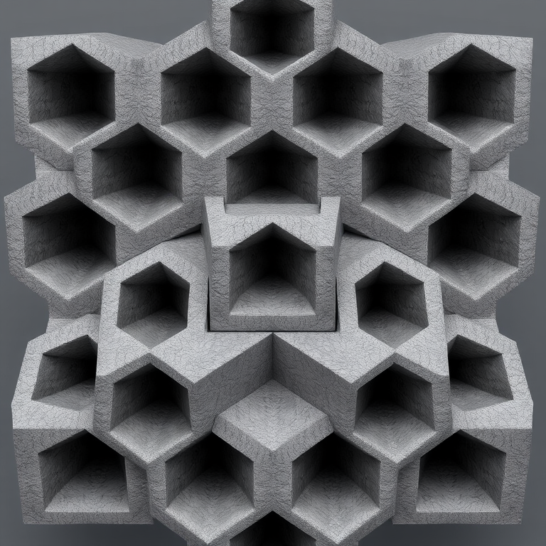 Regenerate the image of a 3D geometric shape resembling a triangular structure made of gray blocks with hollow centers, use a Canon EOS R5 camera, aperture f/8, ISO 100, 24mm lens, and a slightly elevated angle for a clear view.