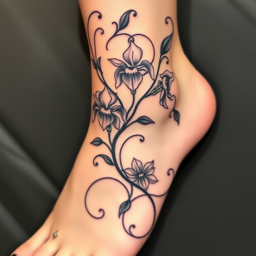 Enchanting art nouveau-inspired floral tattoo with sinuous lines and organic shapes, depicting blooming irises and trailing vines, gracefully wrapping around the ankle and lower leg