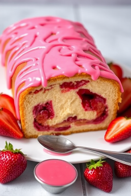 A beautifully decorated loaf cake with a vibrant pink glaze drizzled on top, showcasing a marbled interior with swirls of fruit filling, served on a white plate surrounded by fresh strawberries and a small spoon with pink sauce.
