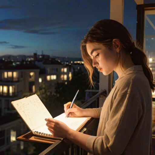 Warmly lit image of a young woman sketching in a notebook on a balcony at twilight, with soft city lights twinkling below and distant car horns faintly audible.