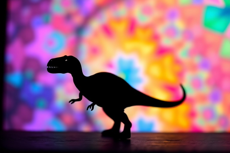 Create an abstract silhouette of a dinosaur with a vibrant, colorful pattern overlay, using a 50mm lens, f/1.8 aperture, ISO 100, and a shallow depth of field to enhance focus on the silhouette while blurring the background, captured in a studio setting with soft LED lighting.