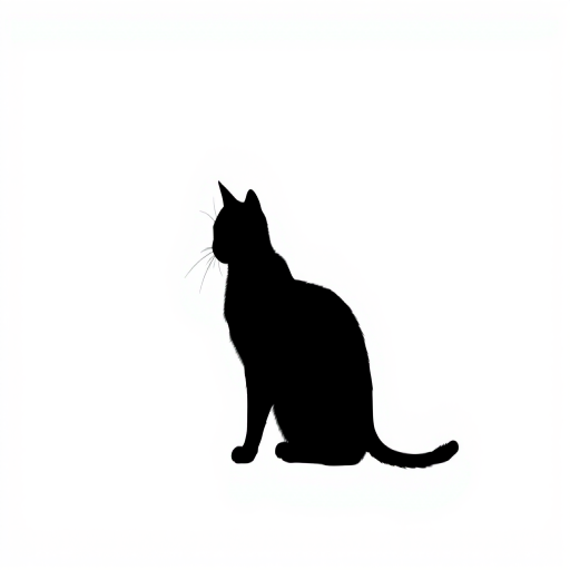 generate a high-quality illustration of a simple, stylized black cat silhouette on a white background, using a Canon EOS R5 camera, 50mm lens, f/1.8 aperture, ISO 100, in natural light with a slight soft focus to enhance smooth edges and contrast