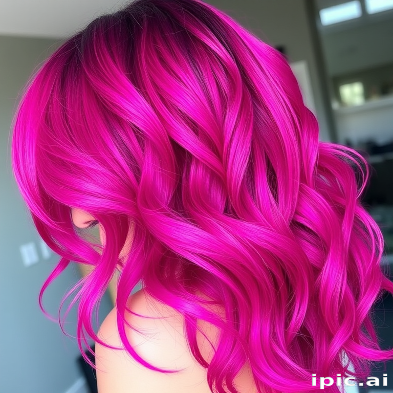 Vibrant magenta ombre hair cascading in loose waves, known as "Sunset Serenade," featuring subtle metallic highlights and a soft, feathered texture that catches the light beautifully