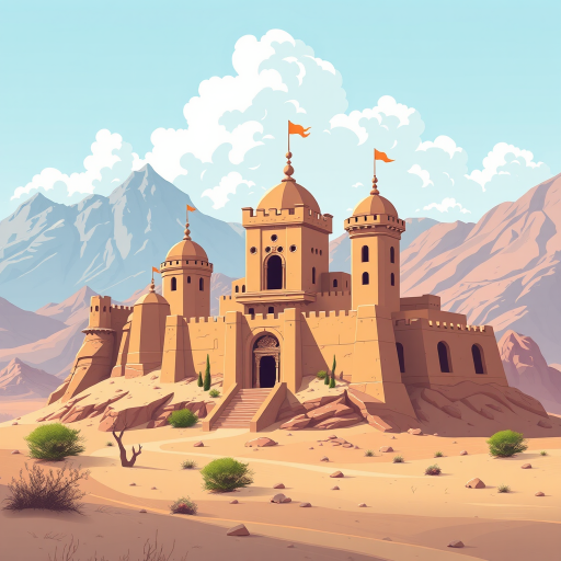 Generate a high-resolution vector illustration of a stylized ancient castle surrounded by mountains and desert, using a wide-angle lens, f/8 aperture, ISO 100, 24mm focal length, and soft, diffused lighting to enhance colors and details.