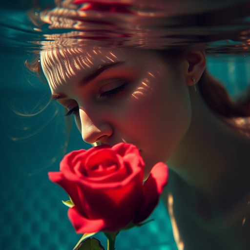 A woman underwater, gazing at a rose Her face is reflected in the water's surface The scene is illuminated by sunlight filtering through the water The atmosphere is serene and contemplative