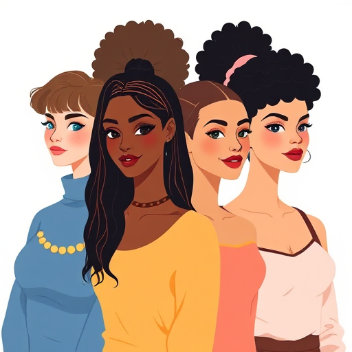 Create a digital illustration of four diverse female avatars with different hairstyles and clothing styles, utilizing a soft pastel color palette, high-resolution, shot with a Canon EOS R5 at f/2.8, 1/60s, ISO 100, in a clean, minimalistic style.