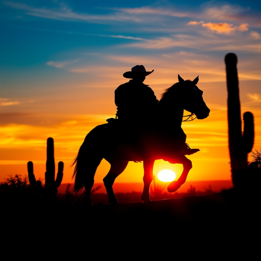 Create a vibrant silhouette of a cowboy on horseback against a colorful sunset with a gradient sky of blue, orange, and yellow, incorporating desert elements like cacti, using a DSLR camera with a 50mm lens, aperture f/1.8, ISO 100, and a sunset photography style.