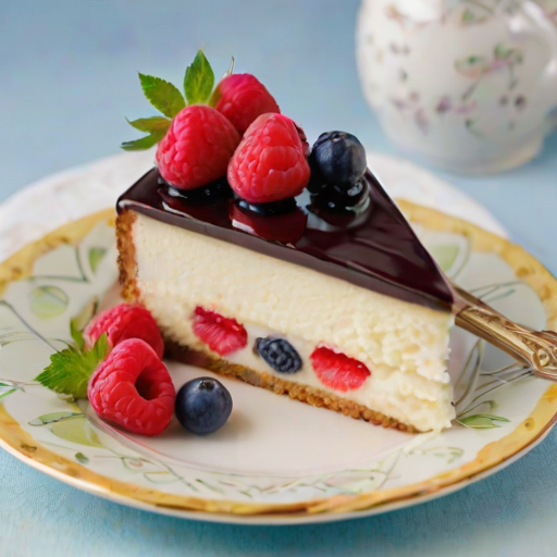 Generate an image of a slice of cake on a decorative plate. The cake should have layers of cream and colorful fruits, including raspberries and peaches, visible in the cross-section. The background should be simple and elegant, enhancing the focus on the cake.