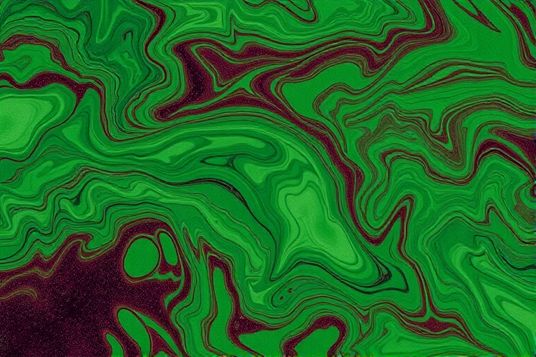 Generate an abstract image of swirling green and burgundy marbled patterns, captured with a Canon EOS 5D Mark IV, 50mm lens at f/2.8, ISO 100, in soft natural light for enhanced texture and color depth.