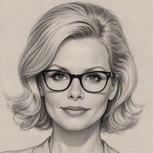 Attractive Monica Potter, pencil sketch, portrait of Ravishing woman 1954s in glasses, hair style beatnik, outline, clear lines, fine lines, 8k