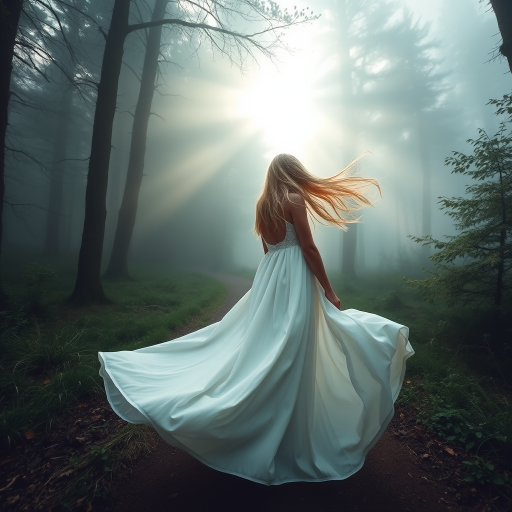 A wide-angle shot of a blonde woman standing on a misty forest path, wearing a flowing white dress. The rich fabric of her skirt billows gently in the wind, while her long blonde hair flows freely in the same breeze. The surrounding forest is enveloped in soft mist, creating a dreamy and ethereal atmosphere. Above her, the sunlight gently breaks through the fog, casting a faint glow over the scene. The woman's serene posture and the soft, natural light create a peaceful and mystical mood.