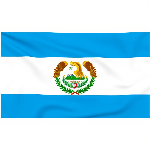 Generate an image of the Guatemalan flag and coat of arms on a white background, create a high-resolution digital illustration using a DSLR camera at f/8 aperture, 1/125 shutter speed, ISO 100, with a frontal view and vibrant colors.