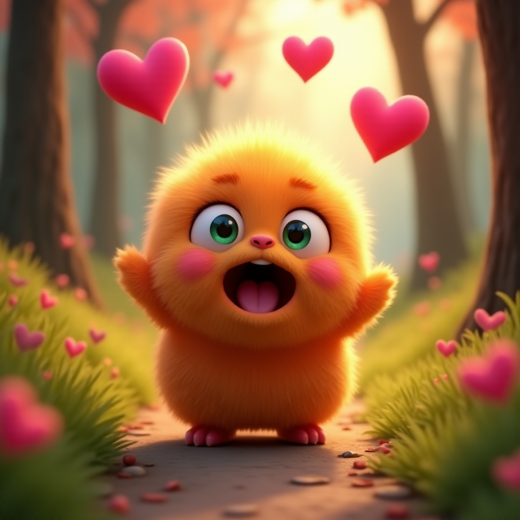 A fluffy orange creature with large eyes and a wide open mouth stands on a path in a whimsical forest, bright pink and red hearts float through the air, the creature has a surprised expression, the light is warm and soft, photorealistic, digital art, 3D style
