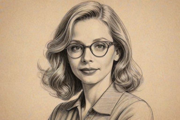 Magnificent Ally McBeal, pencil sketch, portrait of Graceful woman 1933s in glasses, hair style beatnik, outline, clear lines, fine lines, 8k
