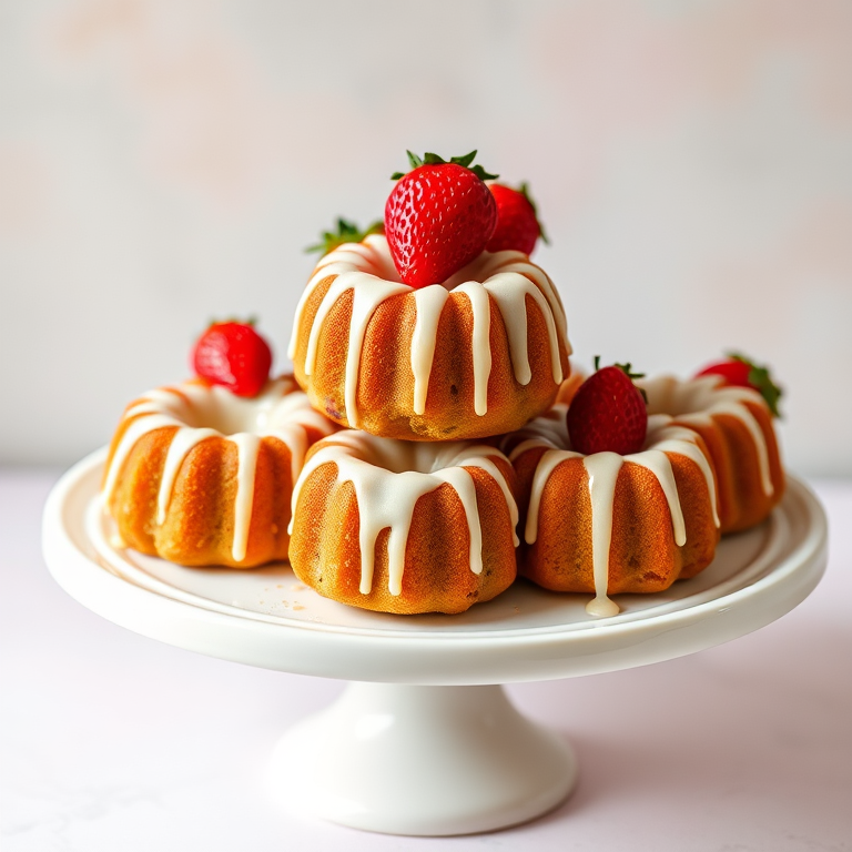 A beautifully arranged display of mini bundt cakes topped with fresh strawberries and drizzled with a creamy icing on a white porcelain cake stand with a soft pastel background.