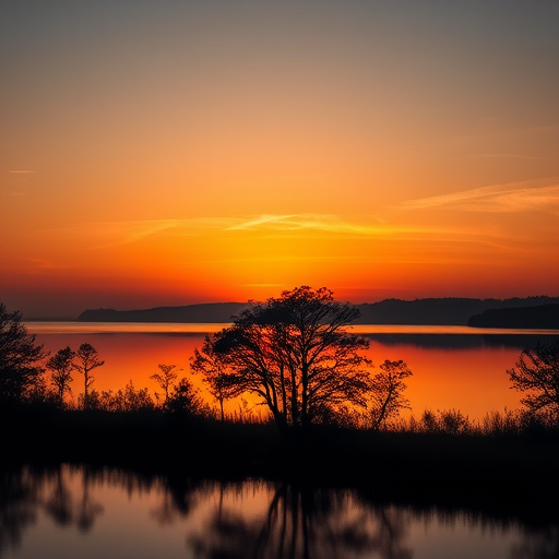 Generate a high-resolution image of a serene sunset over a calm lake with silhouettes of trees in the foreground, captured with a Canon EOS R5 using a 24-70mm f/2.8 lens at f/8, ISO 100, 1/100 sec, in landscape orientation, with warm color tones and smooth reflections.
