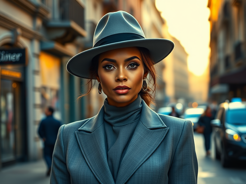 Portrait of a confident woman in a stylish gray hat and suit, set in a bustling city street with vintage architecture, taken with a Canon EOS R5, 85mm lens, f/1.8 aperture, ISO 100, soft depth of field, golden hour lighting, high dynamic range.